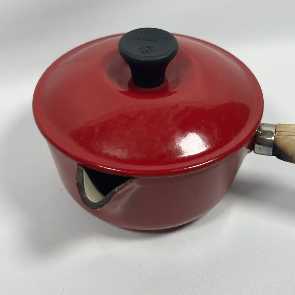 LE CREUSET Saucepan #14 Wooden Handle Lid Enameled Cast Iron Red France CLEAN